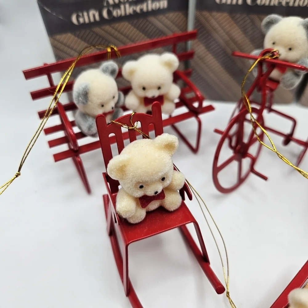 VINTAGE Avon Flocked Teddy Bear Ornaments Lot 6 led Bench Tricycle Rocker Wagon